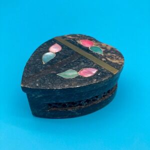 Vintage Handcrafted Soapstone Heart Trinket Box Mother of Pearl Brass India